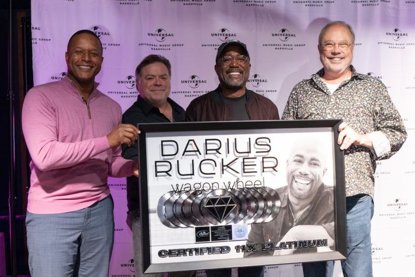 L to R: "TODAY" Anchor Craig Melvin, who presented Darius Rucker with the RIAA Diamond certification honor; "Wagon Wheel" Producer Frank Rogers; Rucker; UMG Nashville Chairman/CEO Mike Dungan