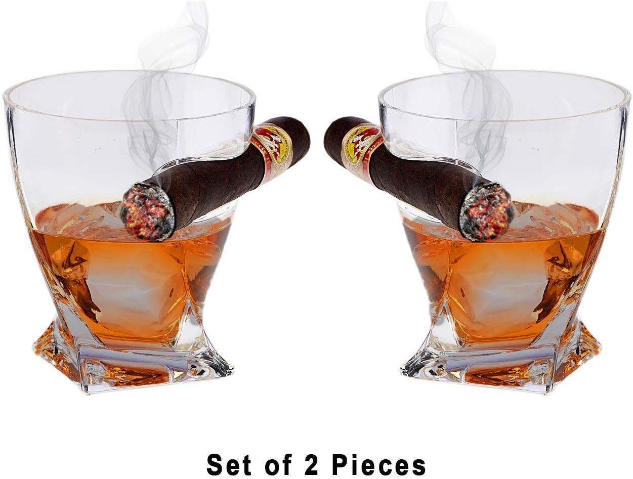 Bezrat Set of 2 Twist Old Fashioned Whiskey Tumbler With Side Mounted Cigar Holder