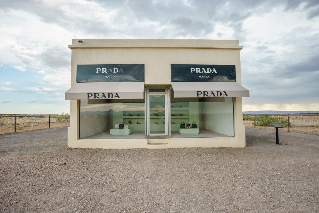  The Prada Marfa sculpture by artists Elmgreen and Dragset on July 14, 2020 in Valentine, Texas.