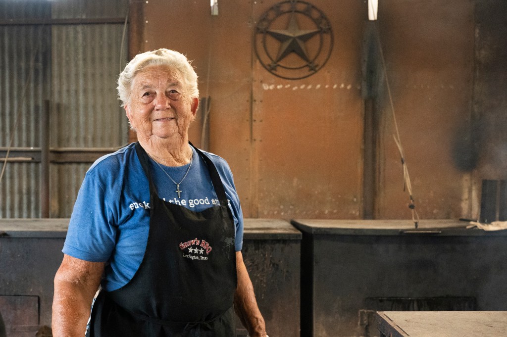  Pitmaster Tootsie Tomanetz stands in the pit at Snow's BBQ on July 31, 2021 in Lexington, Texas. 