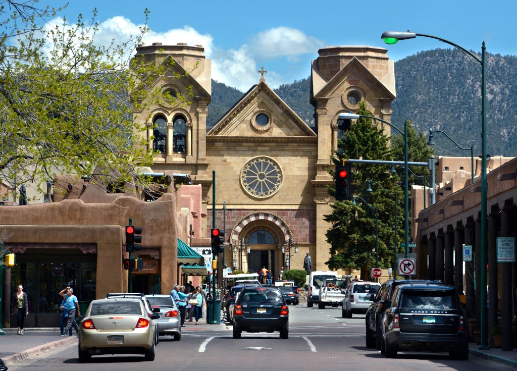 The Cathedral Basilica of St. Francis of Assisi is a landmark in downtown Santa Fe, New Mexico.