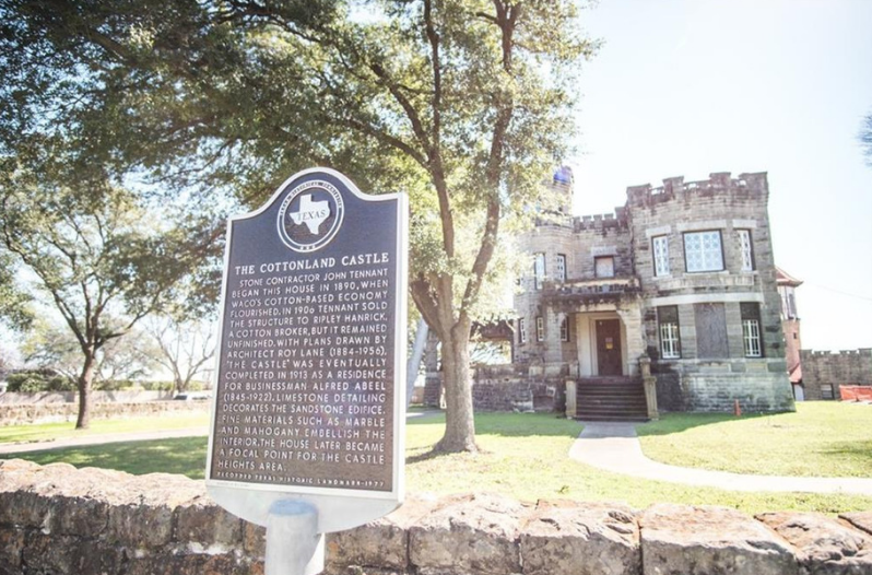 A front view of the historic Cottonland Castle in Waco