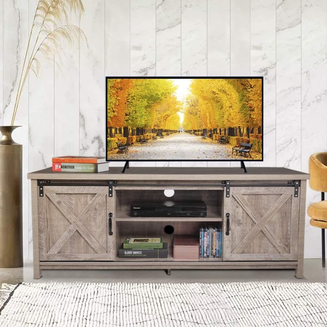 JAXPETY Wooden Farmhouse Style 58 Inch TV Stand w/Storage Shelves, Entertainment Center and Sliding Wood Barn Doors, Television Stands Cabinet Console for Living Room Bedroom, Rustic Gray