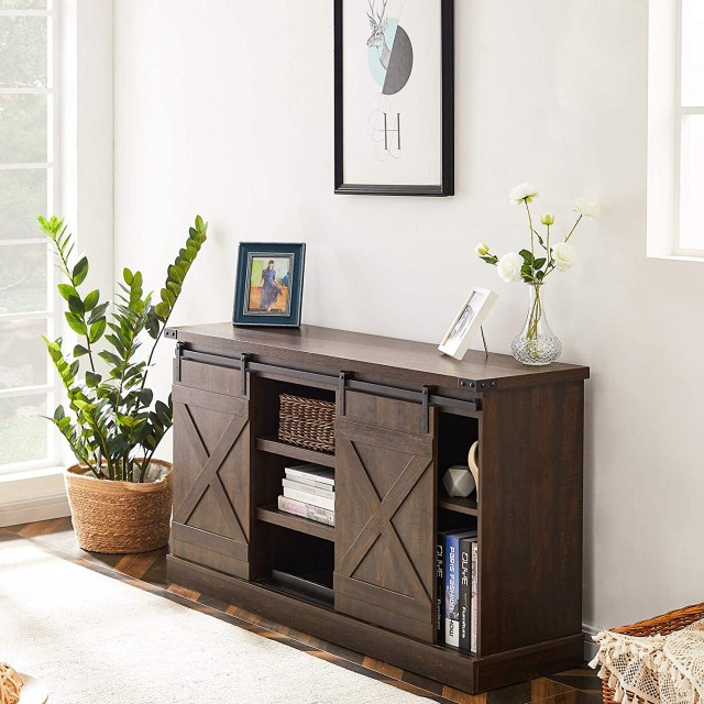 Recaceik TV Stand, Farmhouse Entertainment Center for TV up to 60 inch - Wood Console Table Storage Cabinet with Sliding Barn Door, Rustic Brown
