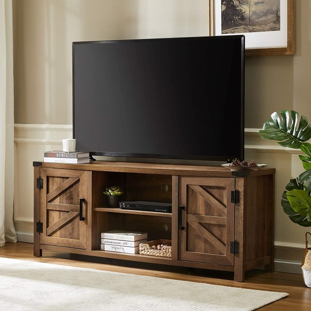 WAMPAT Farmhouse Barn Door TV Stand Wood Media Console Storage Cabinet for Flat Screen TV Up to 65" Entertainment Center for Living Room Rustic Oak Wash