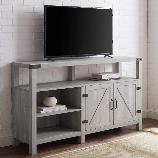 Walker Edison Georgetown Modern Farmhouse Double Barn Door Highboy Storage TV Stand for TVs up to 65 Inches, 58 Inch, Stone Grey