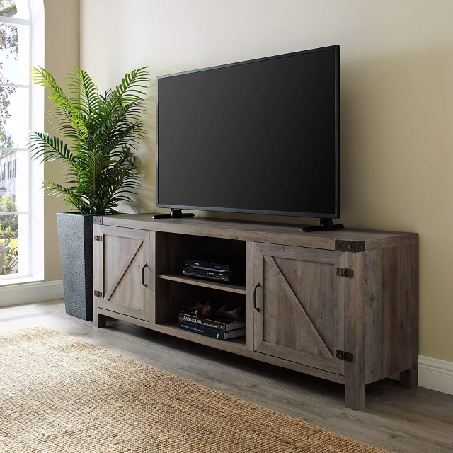 Walker Edison Modern Farmhouse Barn Wood Stand with Cabinet Doors TV's up to 80", Storage Cabinet Doors and Shelves, Entertainment Center, 70 Inch, Grey Wash