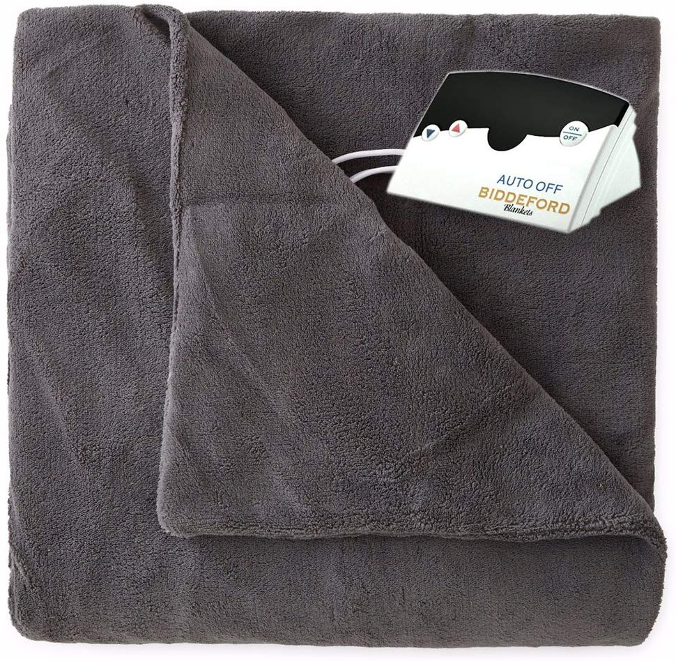 gray heated blanket with white background