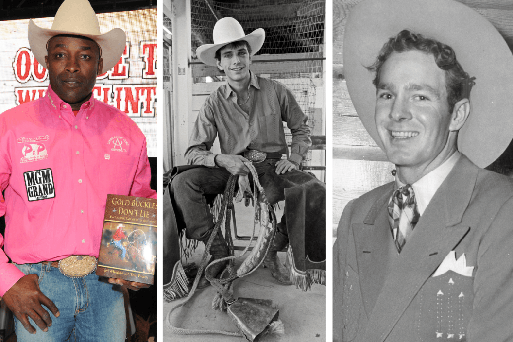 Fred Whitfield poses with autobiography/ black and white photo of Lane Frost/ 1953 photo of Casey Tibbs