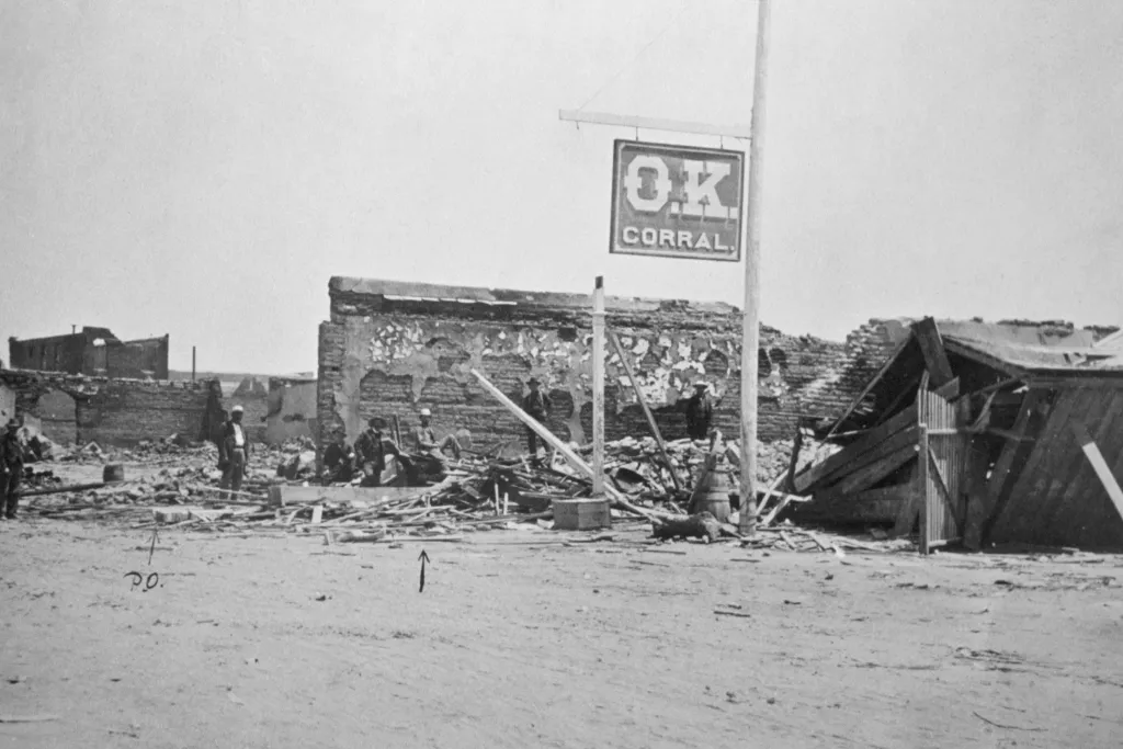 Wyatt Earp at the ruins of the OK Coral in his hometown of Tombstone, Arizona. (Photo by John van Hasselt/Sygma via Getty Images)