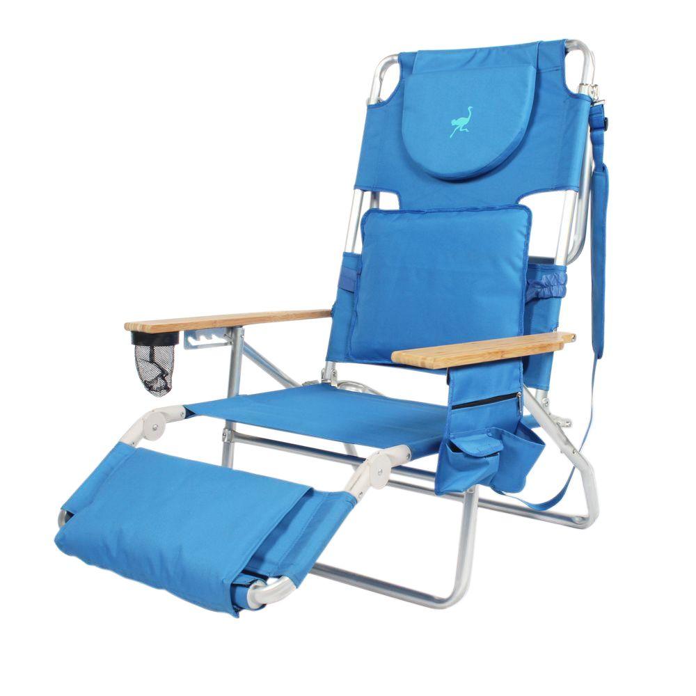 Solid Blue Metal Deluxe Padded 3-N-1 Outdoor Lounge Reclining Beach Chair