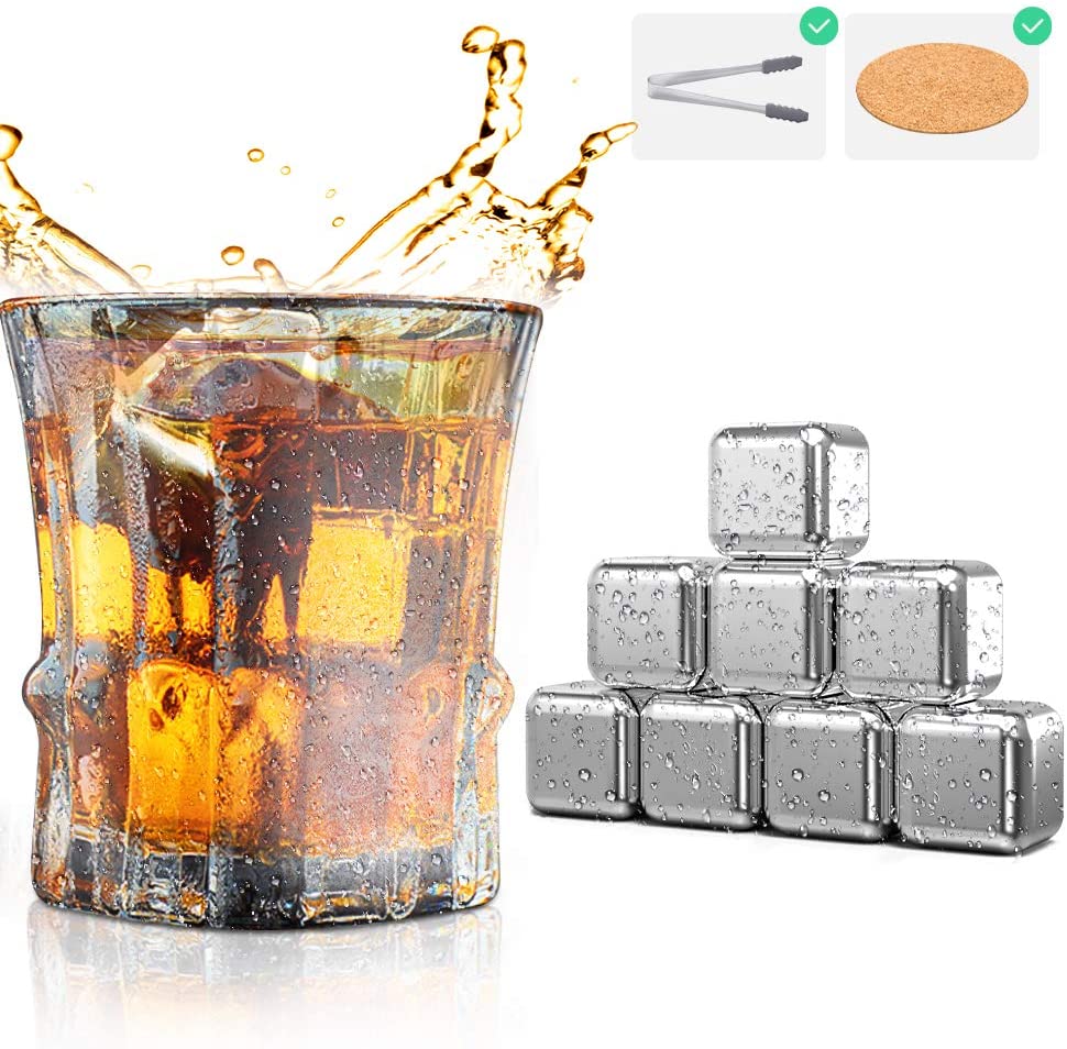 LOSRECAL Stainless Steel Ice Cubes, 8 Pcs Whiskey Stones, Ice Steel for Best Men Gift, Whiskey Set with Stones Cork Coaster and Tongs and Trays