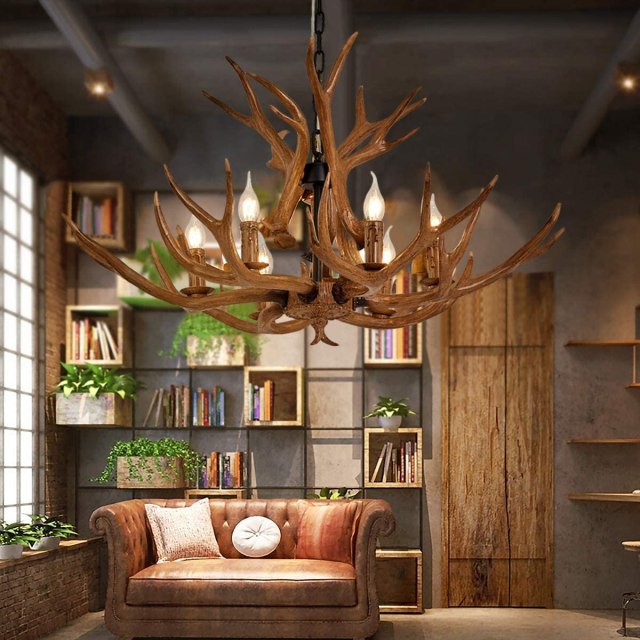 Resin Antler Chandelier, Deer Horn 6 Light Vintage Style Ceiling Light American Rural Countryside Antler Chandeliers for Living room,Bar,Cafe, Dining room,8688