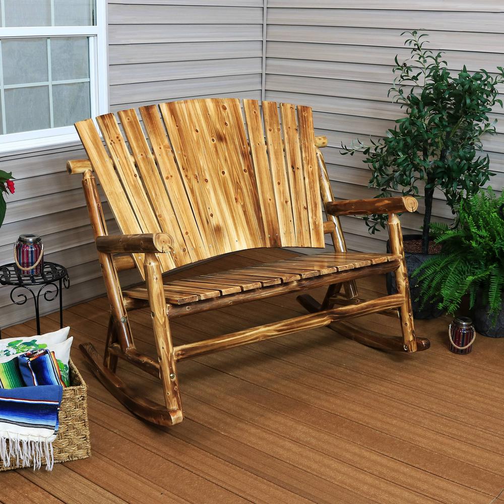 Rustic Fir Wood Log Cabin Patio Rocking Loveseat with Fan Back Design, 2-Person 500 lbs. Capacity