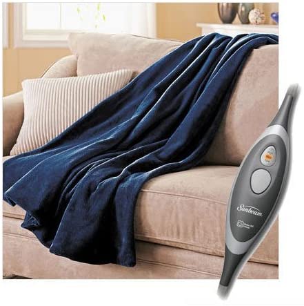 Sunbeam blue best heated throw blanket draped over couch