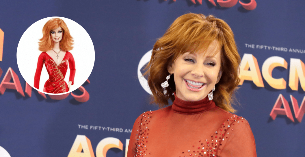 LAS VEGAS, NV - APRIL 15: Host Reba McEntire poses in the press room during the 53rd Academy of Country Music Awards at MGM Grand Garden Arena on April 15, 2018 in Las Vegas, Nevada and sceengrab of McEntire's Barbie doll.