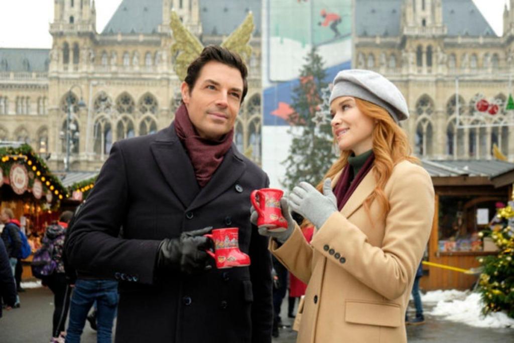 Brennan Elliott and Sarah Drew in Hallmark's "Christmas in Vienna" (2020). 