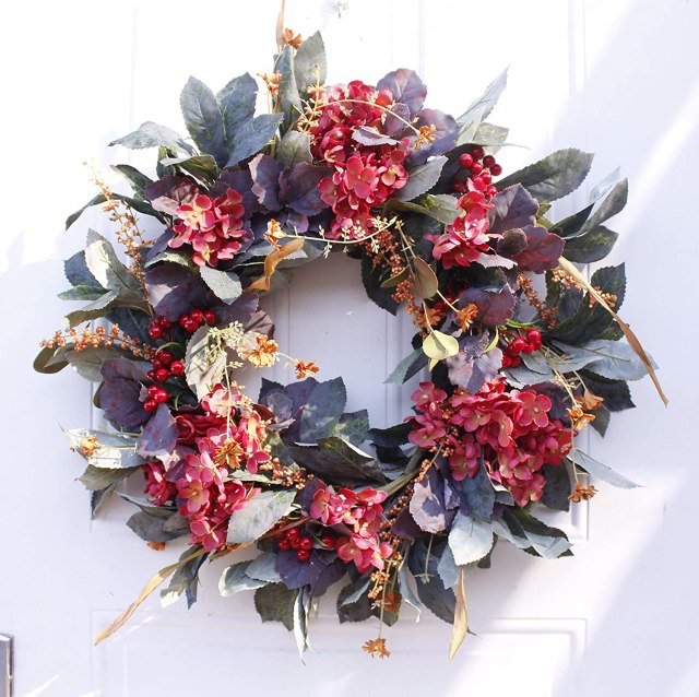 Abbie Home 24" Artificial Fall Wreath - Handmade Red Hydrangea Series Rustic Leaves Red Berry Multicolor Floral Wreath for Front Door Grapevine Garland for Home Wall Window D&eacute;cor