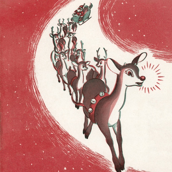Illustration of Rudolph the Red-Nosed Reindeer leading Santa Claus's sleigh on Christmas Eve, 1949. Lithograph.