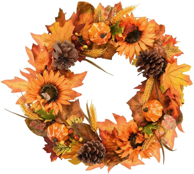 Shiny Flower Artificial Halloween Wreath Natural Fake Sunflowers Pine Cone Wheat Pumpkins Maple Leaves Front Door Hanging Wreath Thanksgiving Day Indoor or Outdoor Decoration