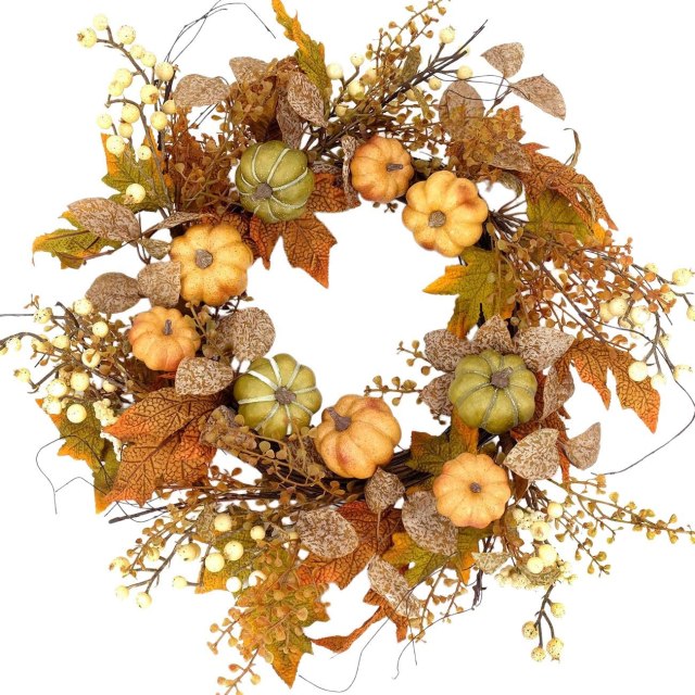 idyllic Artificial Pumpkins Wreath Autumn Wreath with Green and Yellow Leaves Flower Wreath for Front Door Indoor Wall Wedding Home Decoration