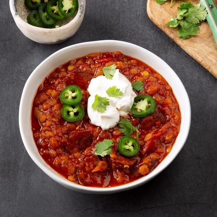 lentil chili in a bowl