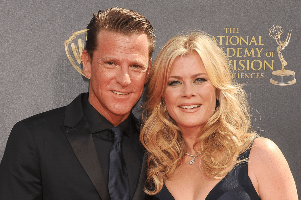 Actress Alison Sweeney and husband David Sanov arrive at the 42nd Annual Daytime Emmy Awards at Warner Bros. Studios on April 26, 2015 in Burbank, California.