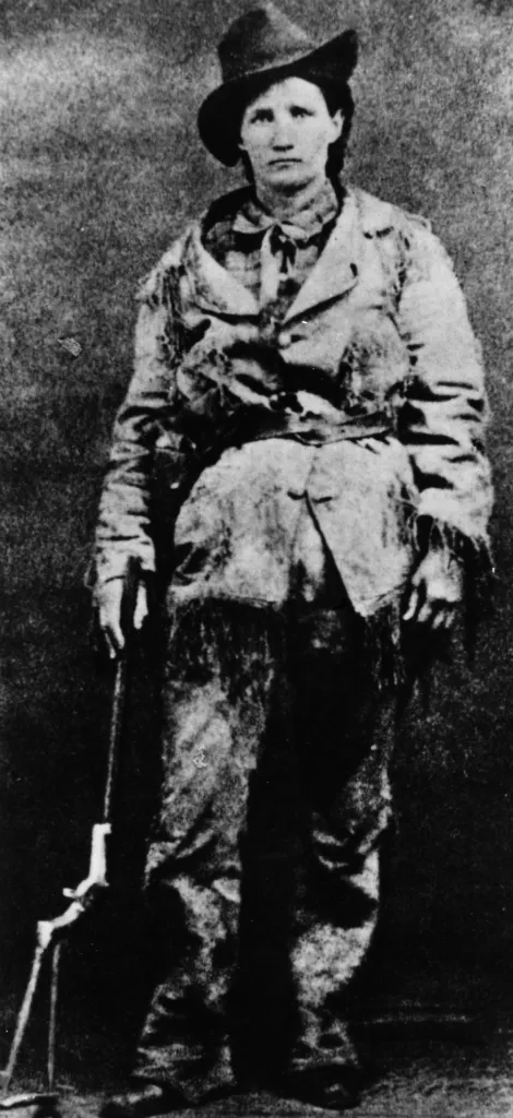 circa 1882:  US frontierswoman Calamity Jane (Martha Jane Burk, c 1852 - 1903) celebrated for her bravery and her skill in riding and shooting during the gold rush days in Dakota.  