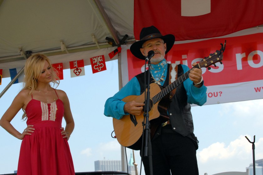 Singer Jewel performs with her Father Atz Kilcher at Swiss National Day on Ellis Island in New York City. 