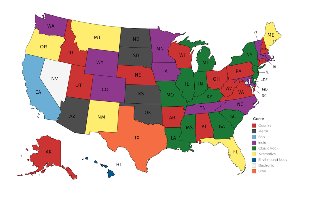 most popular music genre by state