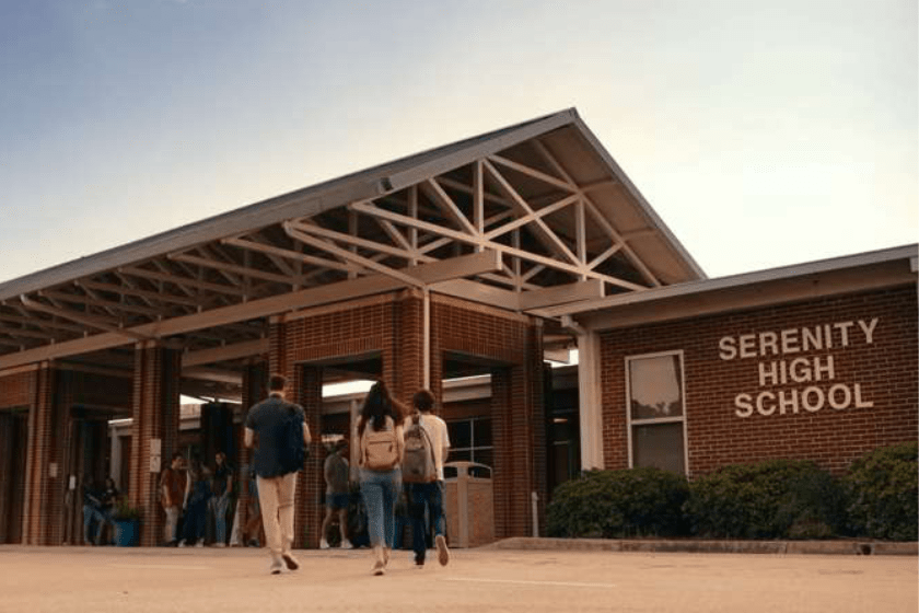 Three teens walking up to Serenity High School in Netflix series 'Sweet Magnolias'