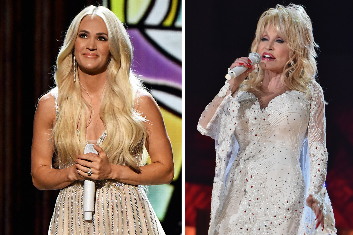 Carrie Underwood performs onstage at the 56th Academy of Country Music Awards/ Dolly Parton performs onstage during the 61st Annual GRAMMY Awards at Staples Center