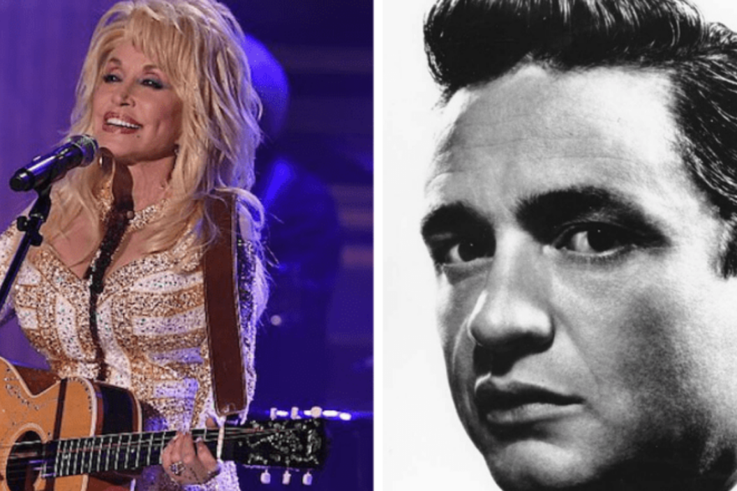 photo of Dolly Parton onstage/ photo of Johnny Cash