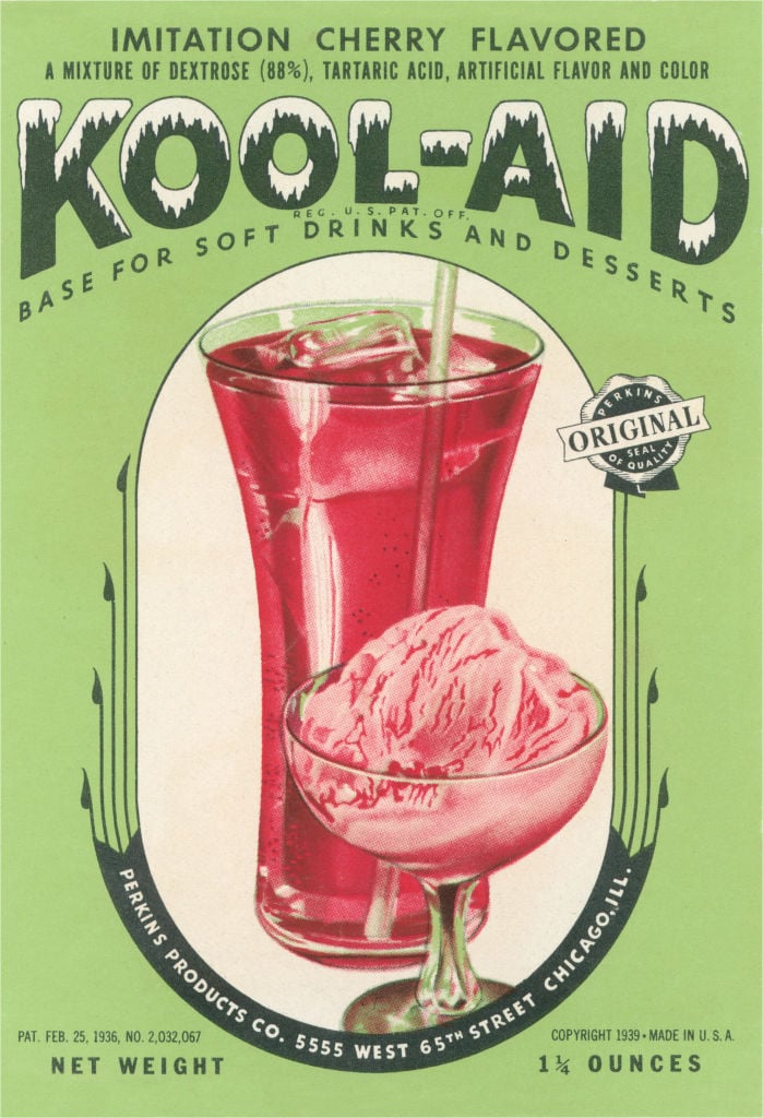 A packet of Kool-Aid cherry flavouring for soft drinks and deserts. 