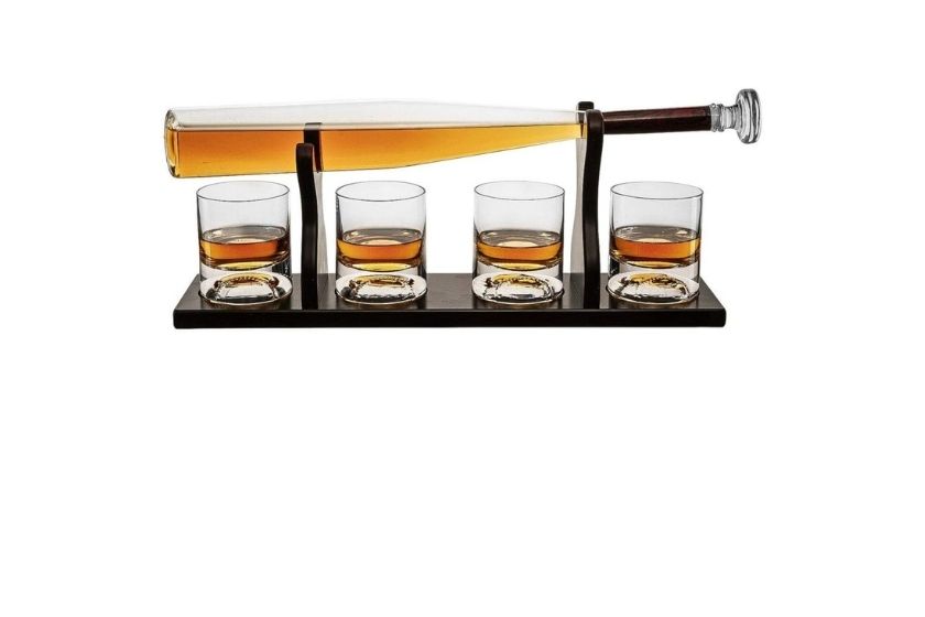 decanter whiskey set in the shape of a baseball bat above four glasses (the stand holds the glass and decanter)
