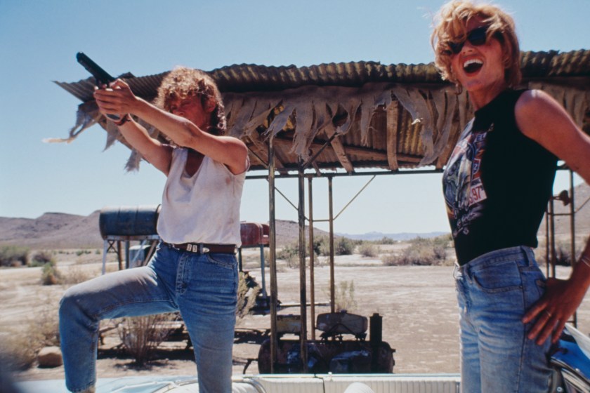 Actresses Susan Sarandon (left) and Geena Davis star in the film 'Thelma And Louise', 1991. 