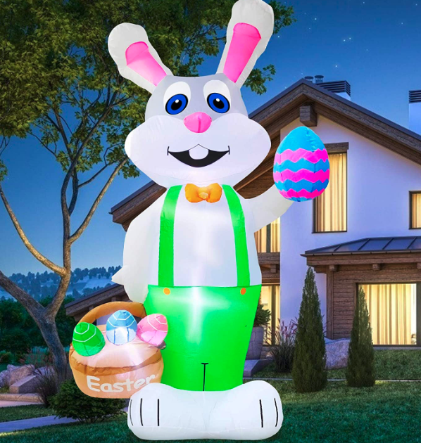TURNMEON 8 Feet Giant Bunny Easter Inflatables Outdoor Decoration, Lighted Blow up Rabbit Holds Easter Eggs Basket with Tether Stakes Led Light Easter Decor Home Yard Lawn Garden Party Easter Egg Hunt