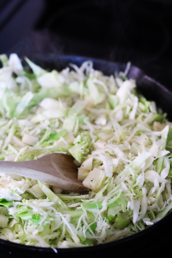 cabbage and potatoes in a pan