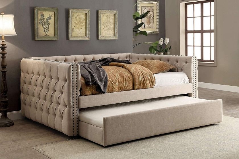 daybed sofa (beige upholstered twin bed with trundle)