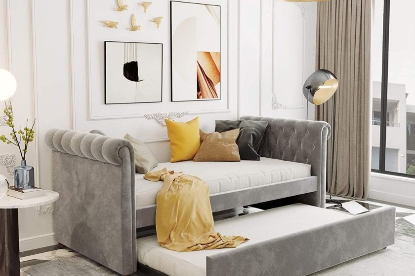 daybed sofa (gray upholstered twin bed with trundle)