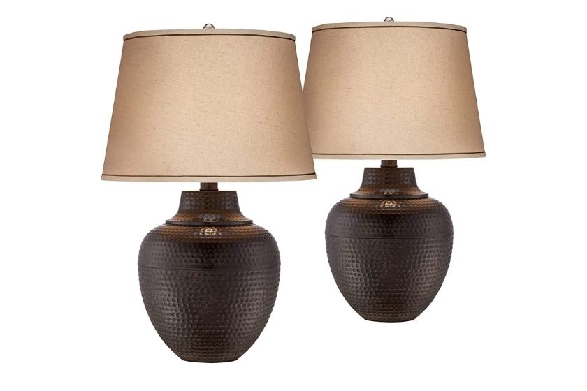 two living room lamps with a brown base and cream lamp shades for nightstand