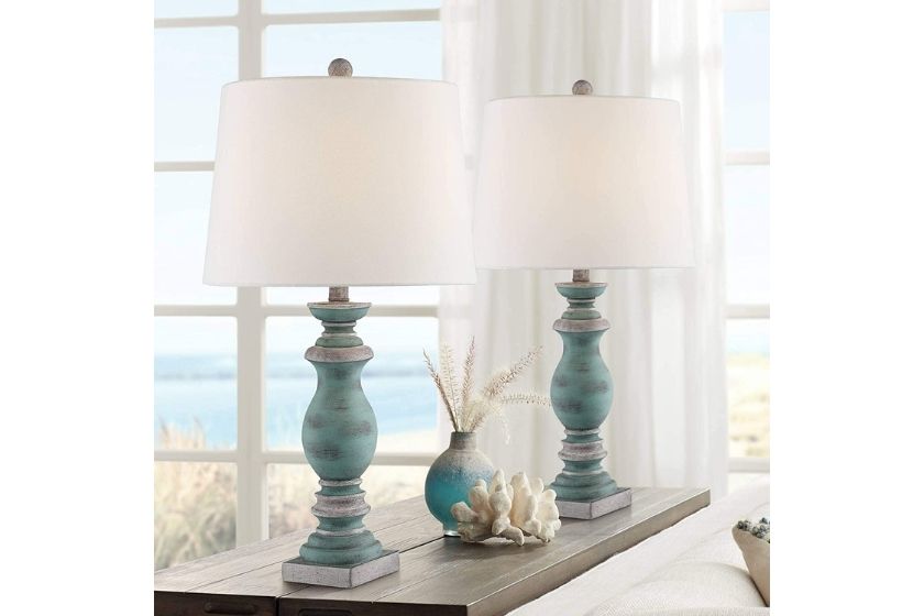 living room lamps with white shades and turquoise bases, perfect for beach-themed rooms and small tables