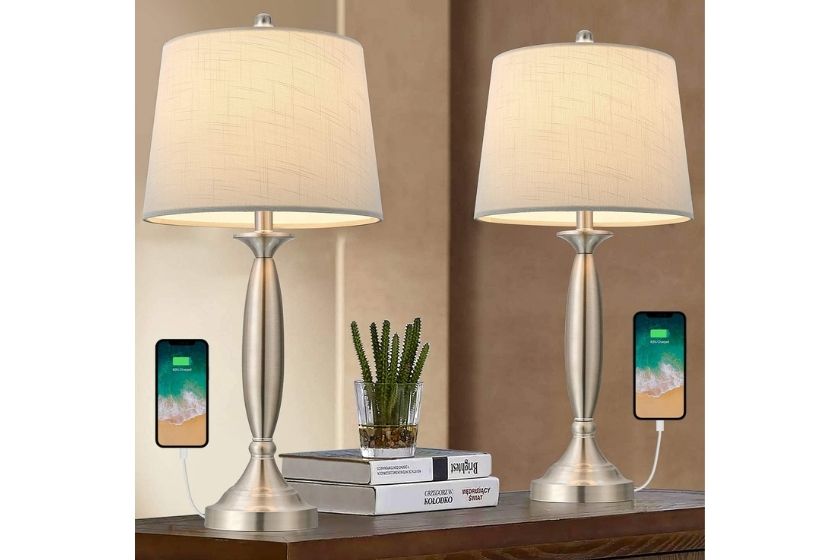 living room lamp with cream lamp shade with USB chargers for iphone