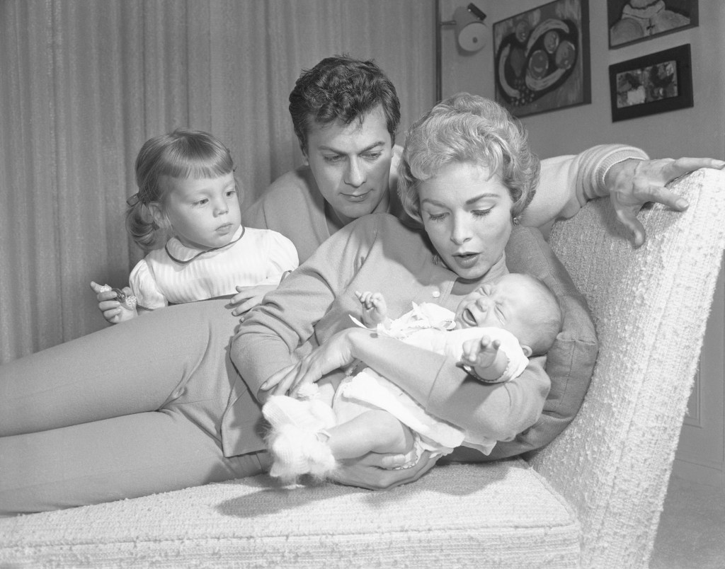 (L-R) Kelly Lee Curtis, Tony Curtis, Janet Leigh, and Jamie Lee Curtis at home in Hollywood.