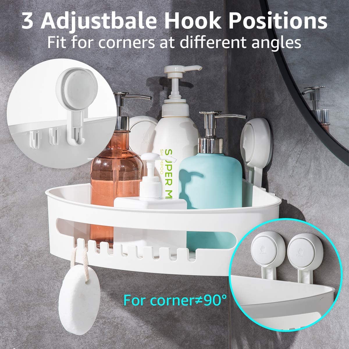LEVERLOC Corner Shower Caddy Suction Cup NO-Drilling Removable Bathroom Shower Shelf Heavy Duty Max Hold 22lbs Caddy Organizer Waterproof & Oilproof Shower Corner Rack for Bathroom & Kitchen - White