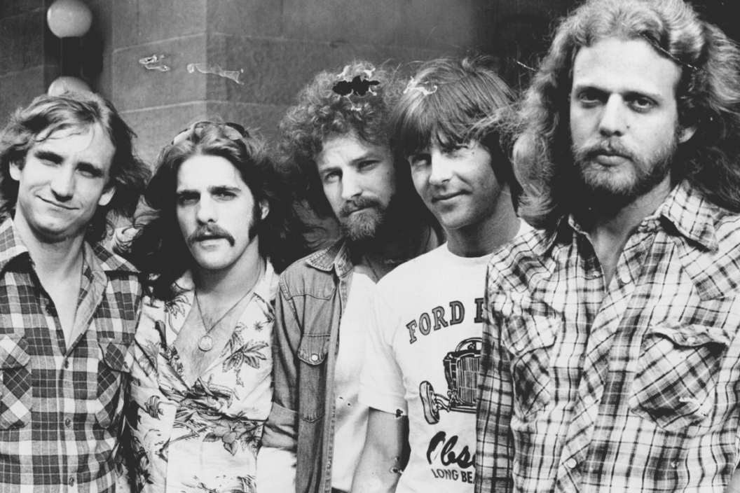 American entertainers, "The Eagles" pictured at their press conference at the Sebel Town House.Left to Right. Joe Walsh, guitar. Glenn Frey, guitar, piano, vocals. Don Henley, drums, vocals. Randy Meidner, bass, vocals & Floridian guitarist, Don Felder.