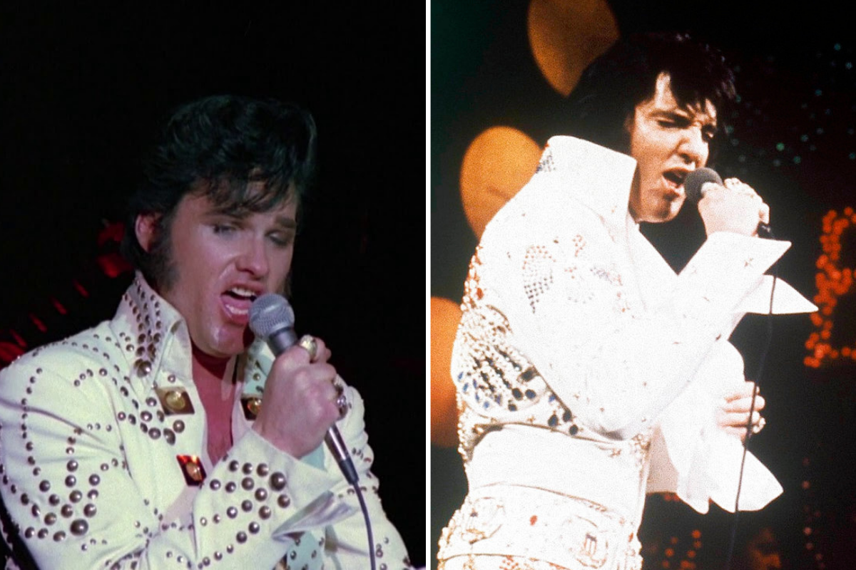 Photo of Kurt Russell portraying Elvis Presley next to photo of Elvis Presley