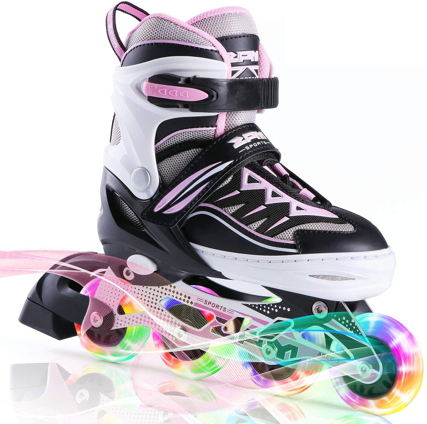 2PM SPORTS Cytia Pink Girls Adjustable Illuminating Inline Skates with Light up Wheels, Fun Flashing Beginner Roller Skates for Kids