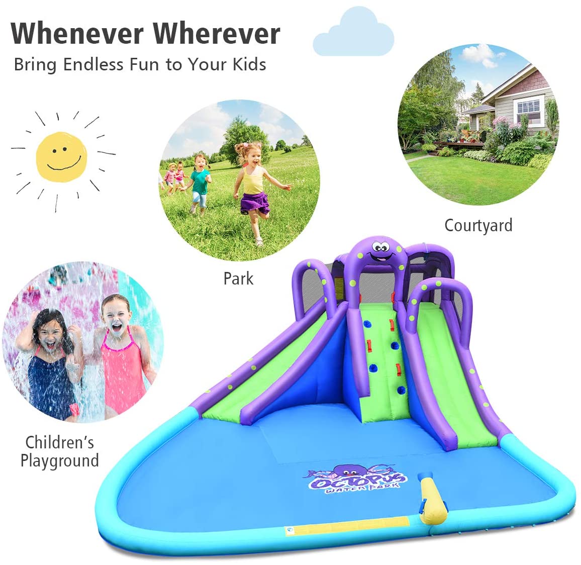 BOUNTECH Inflatable Water Park, Mighty Bounce House w: Large Splash Pool, Climbing Wall, Double Slides, Water Cannon, Netting, Including Carry Bag, Repair...