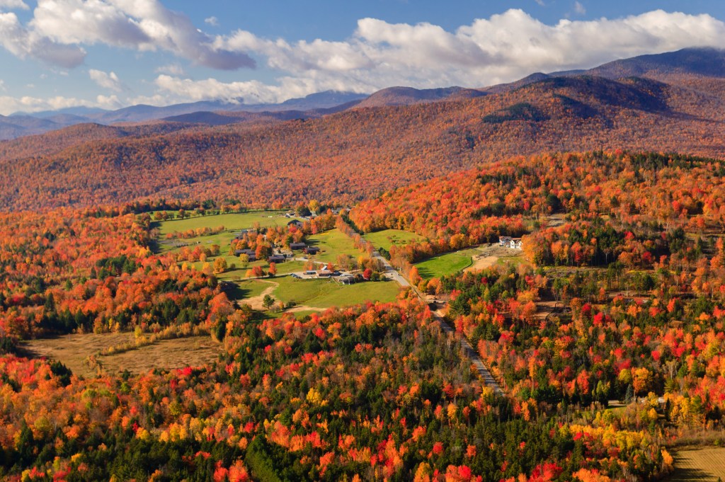 erial view of fall foliage, Stowe, Vermont, USA"